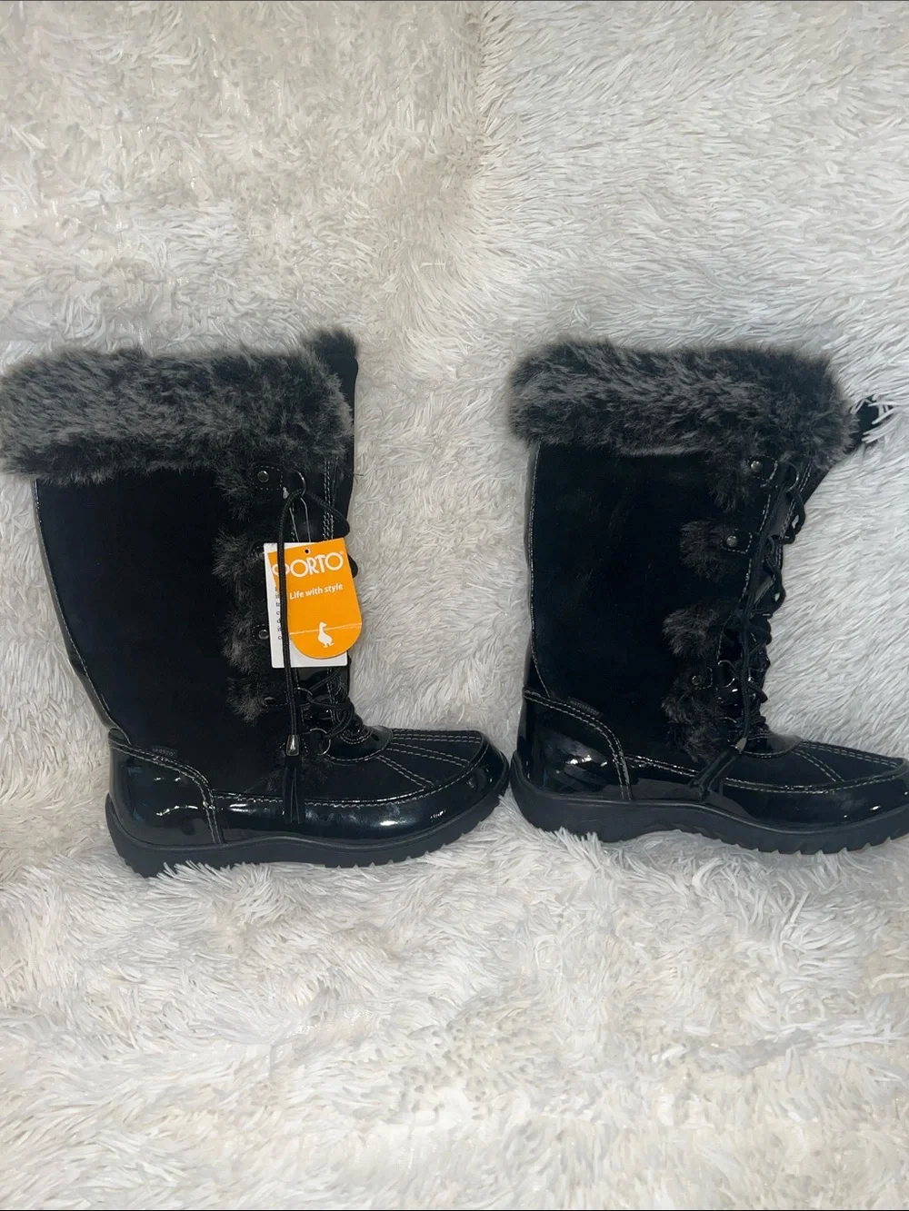 Sporto Black Faux-Fur Trim Lace-Up Winter Boots